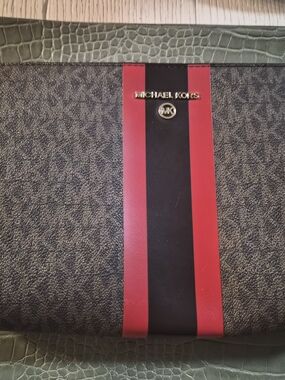 Michael Kors Women’s Brown Signature Tote with Red and Black Stripe